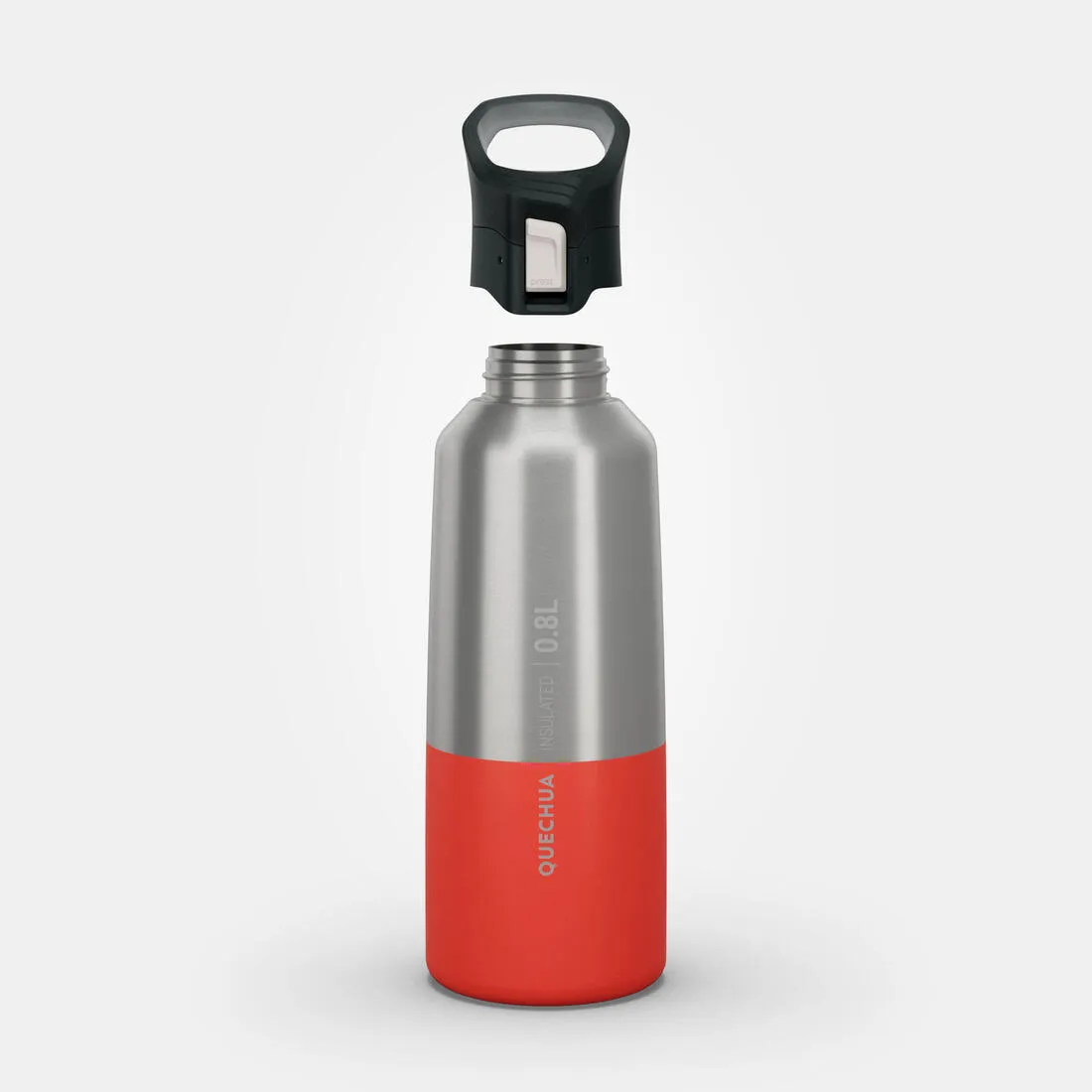 0.8 L stainless steel isothermal water bottle with quick-release cap for hiking