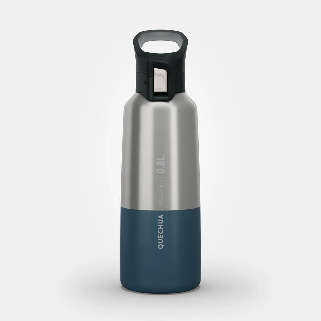 0.8 L stainless steel isothermal water bottle with quick-release cap for hiking