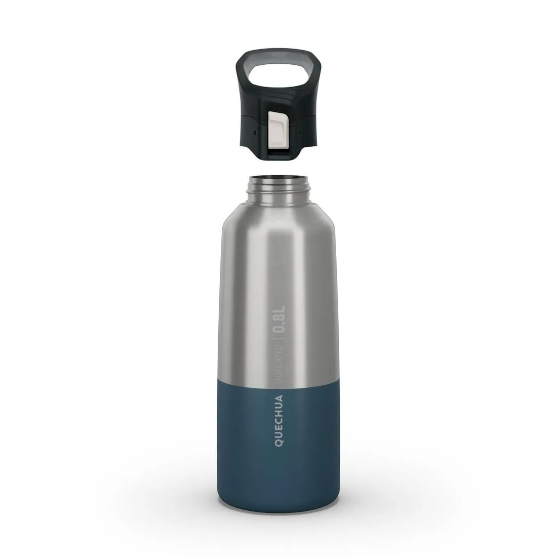 0.8 L stainless steel isothermal water bottle with quick-release cap for hiking