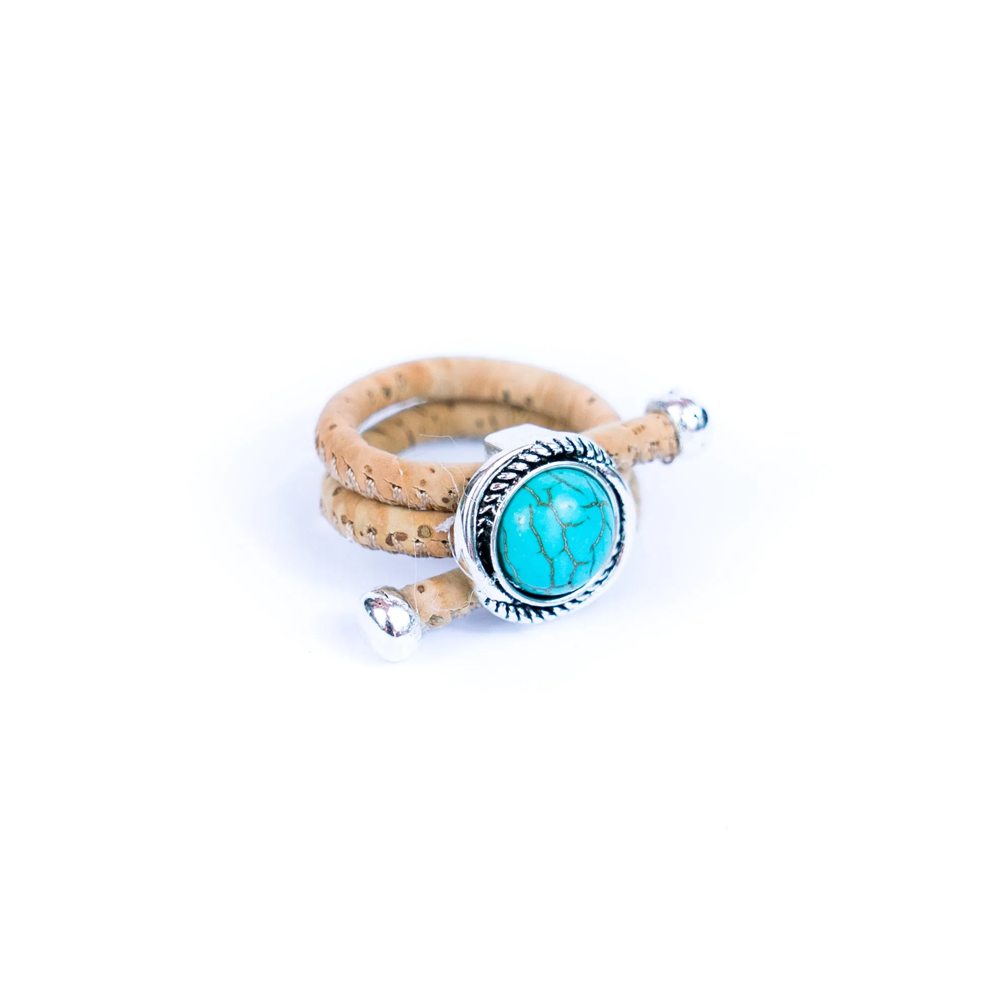 3mm Round Natural Cork Wire with Turquoise and Alloy Accessories Handmade Women's Ring  RW-039-10