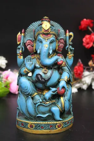 8" GANESHA ON LOTUS PAINTING ANTIQUE