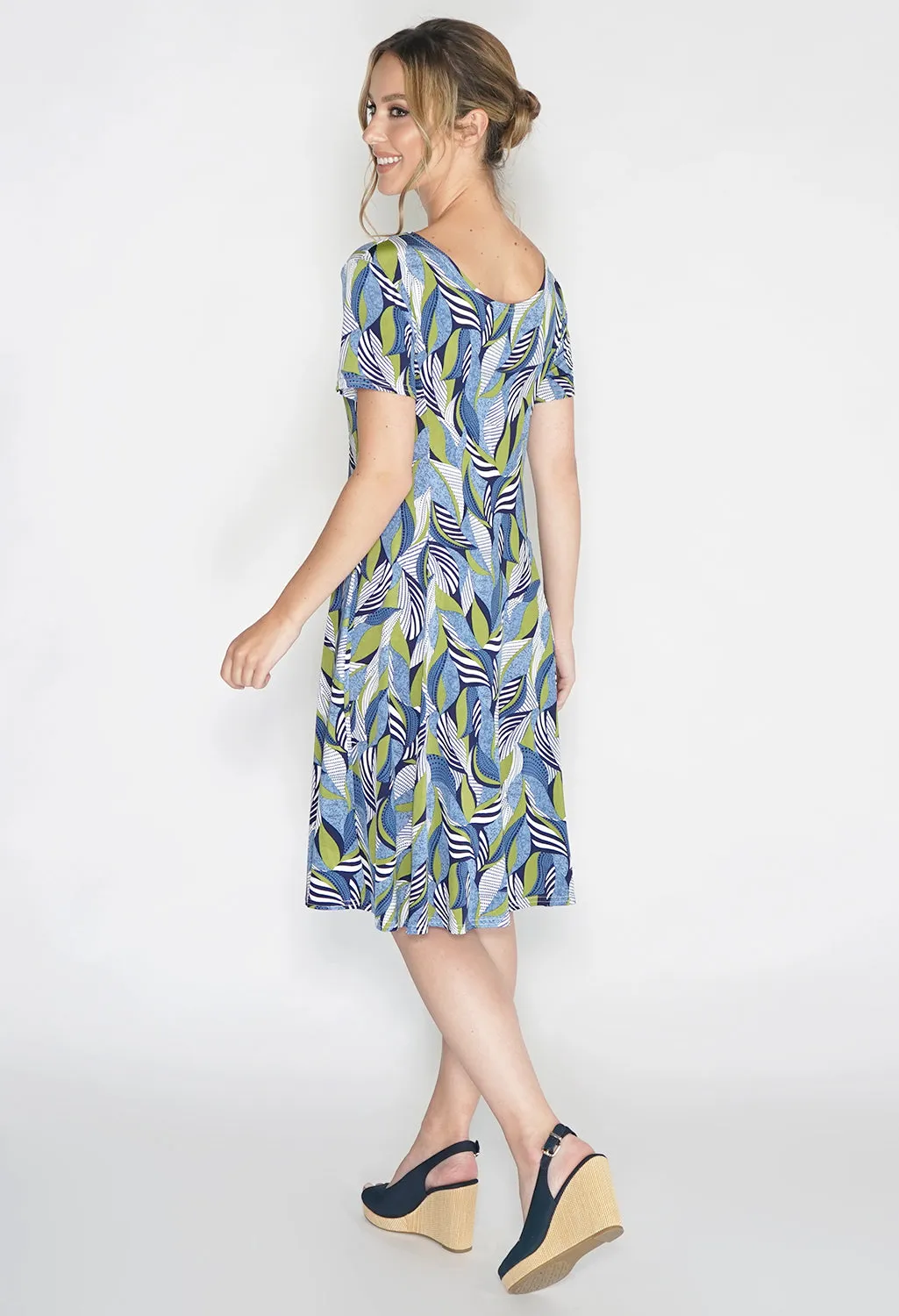 Abstract Green Leaf Print Swing Dress