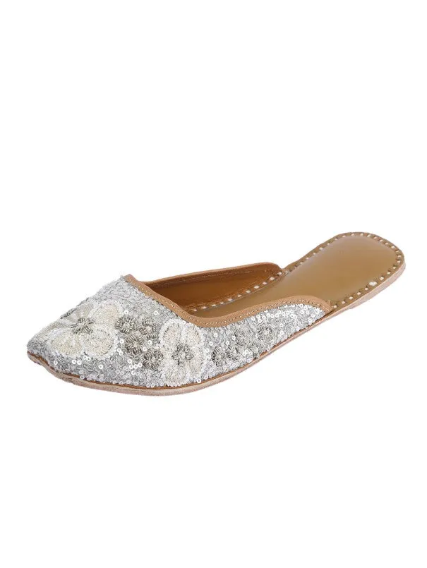 Aura - Silver Sequins Embellished Silk & Leather Juttis