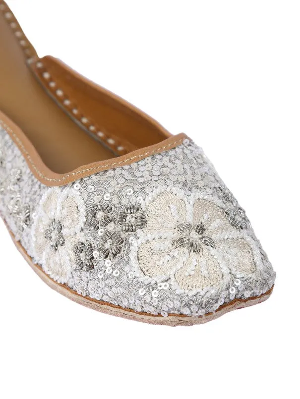 Aura - Silver Sequins Embellished Silk & Leather Juttis