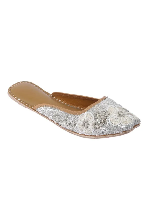 Aura - Silver Sequins Embellished Silk & Leather Juttis