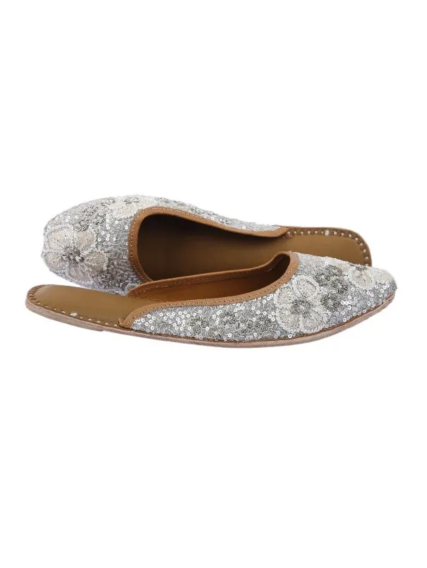 Aura - Silver Sequins Embellished Silk & Leather Juttis