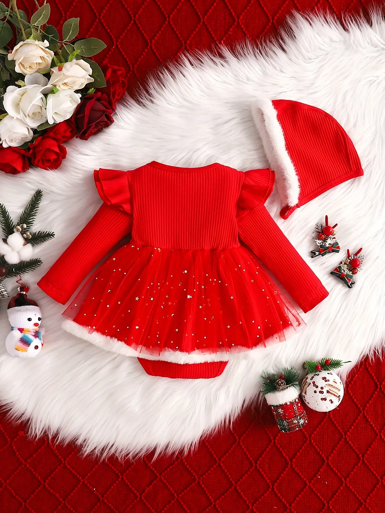 Baby's Christmas Style Fuzzy Trim Ruffled Long Sleeve Romper Dress, Toddler & Infant Girl's Onesie For Winter Festival Party & Outdoor Play