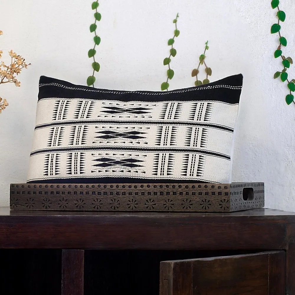 Black & White Rectangular Cushion Covers In Handwoven Organic Cotton | 16" x 12" | Set Of 1/2 | Handmade In India