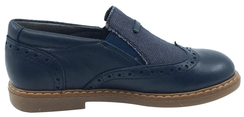 BluBlonc Boy's & Girl's Navy Leather with Linen Textile Middle Moc Oxford Shoe