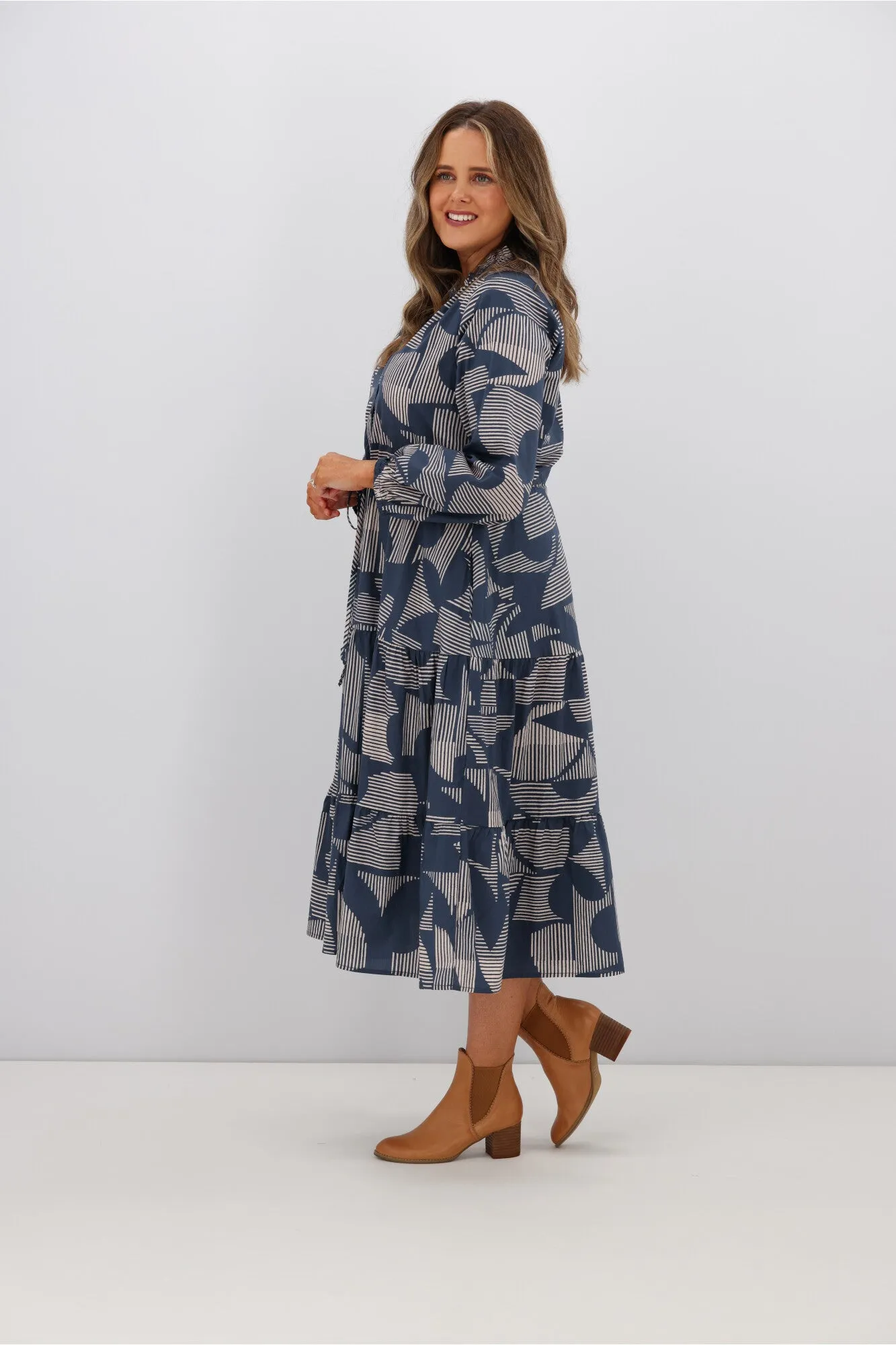 Boho Australia Sidra Midi Dress Navy Print