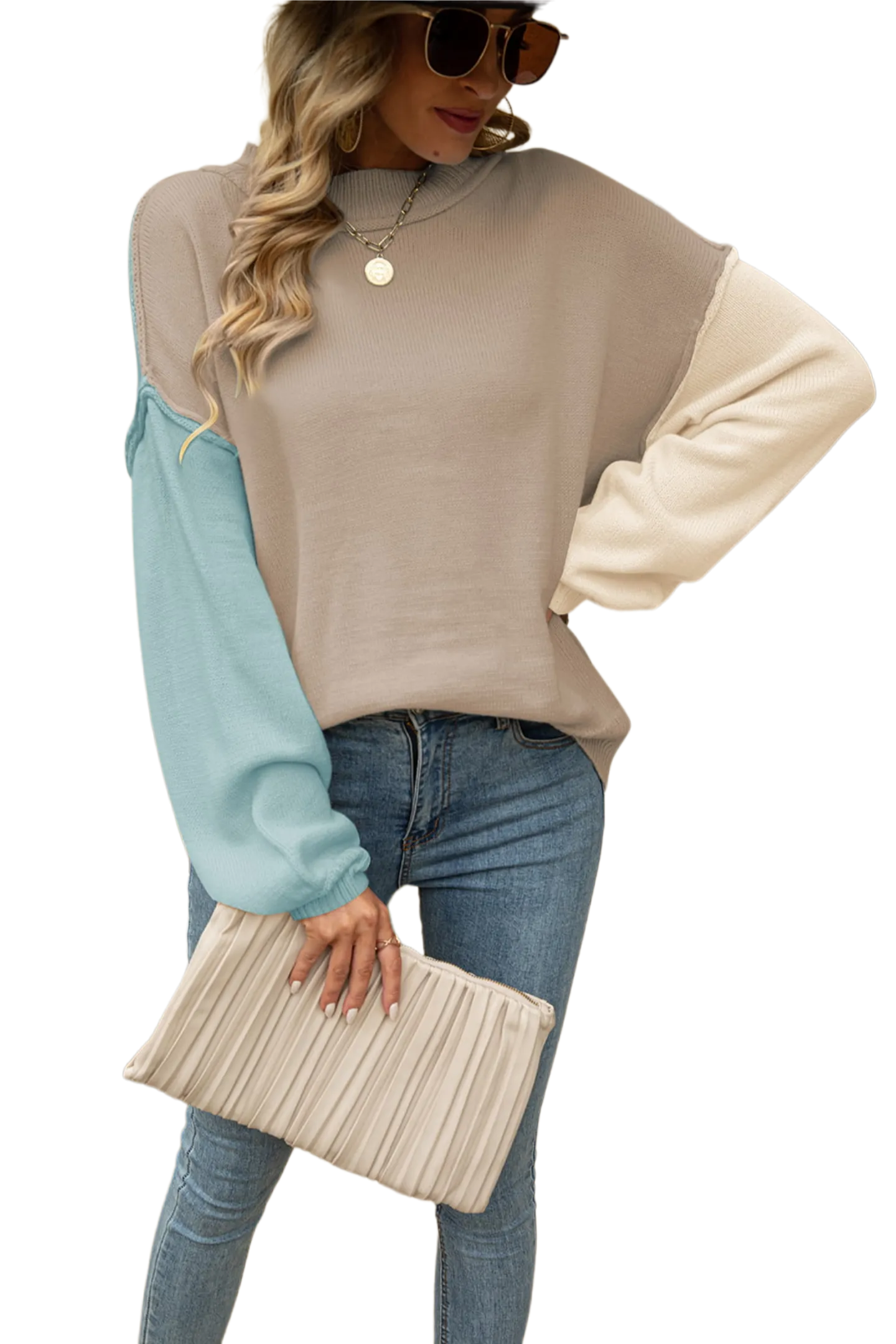 Color Block Round Neck Dropped Shoulder Sweater