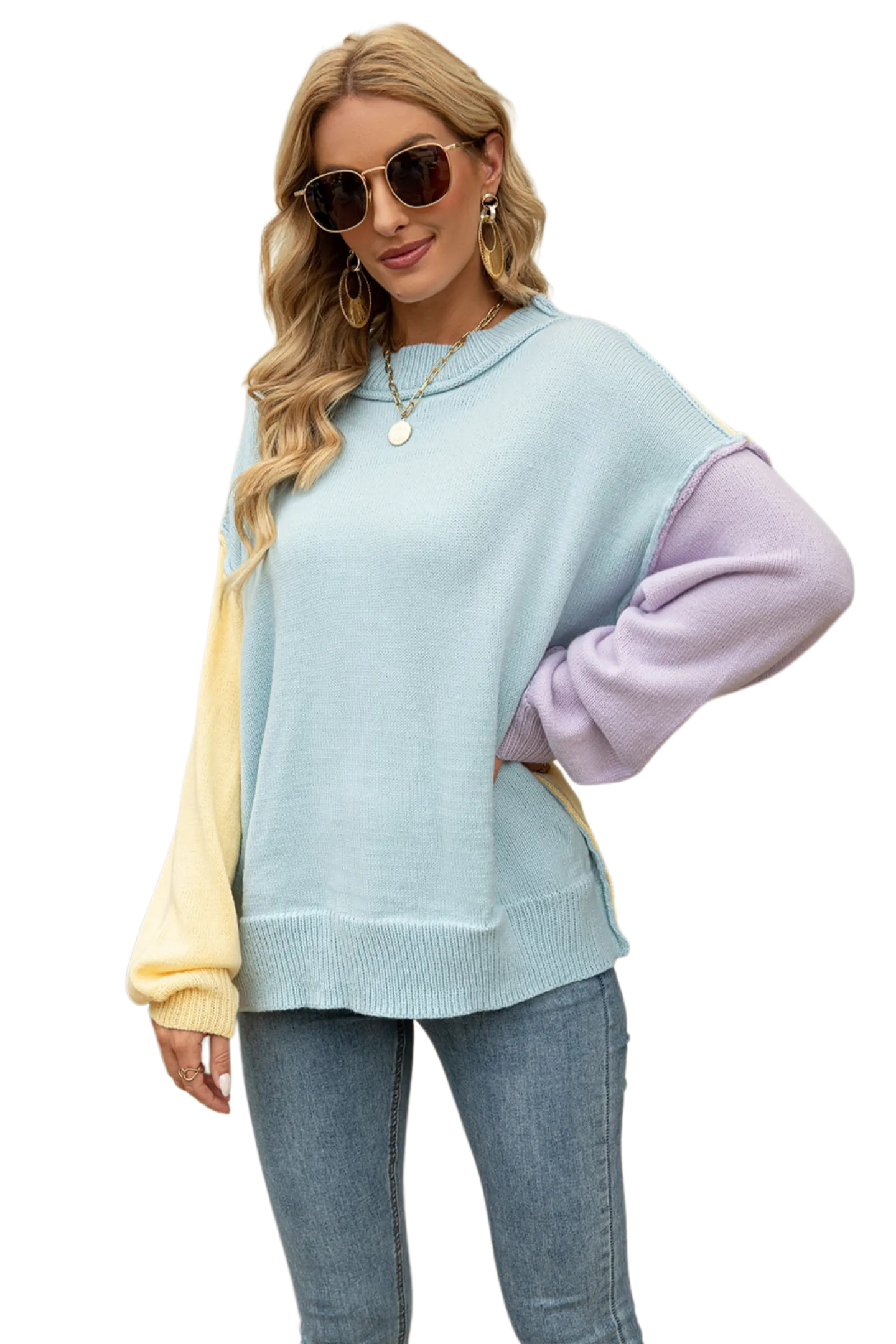 Color Block Round Neck Dropped Shoulder Sweater