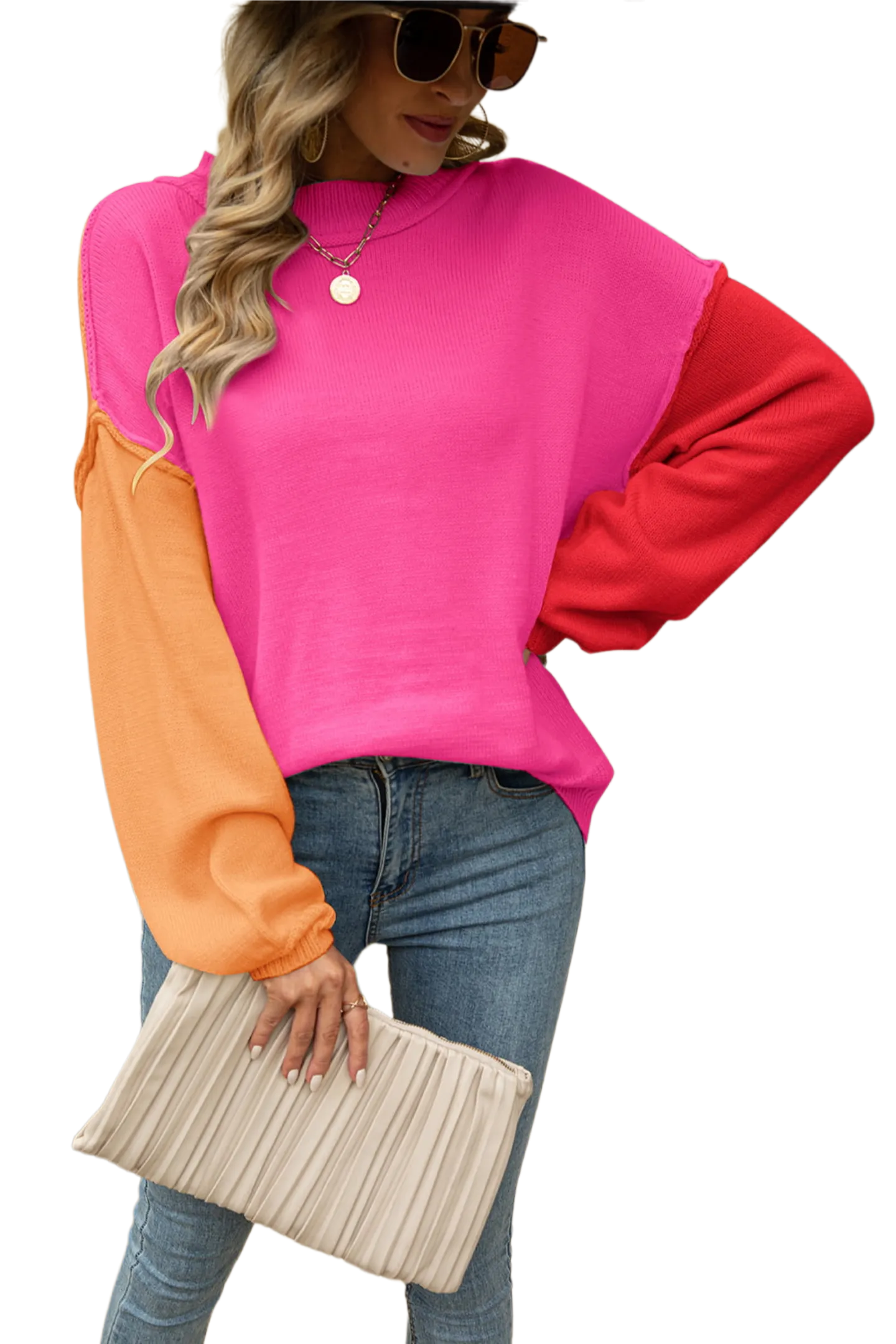 Color Block Round Neck Dropped Shoulder Sweater