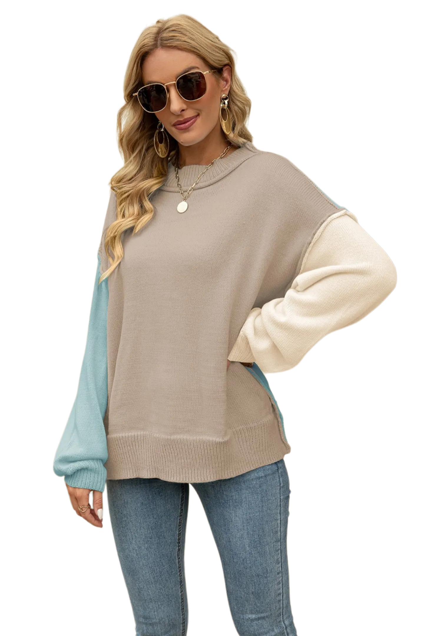 Color Block Round Neck Dropped Shoulder Sweater