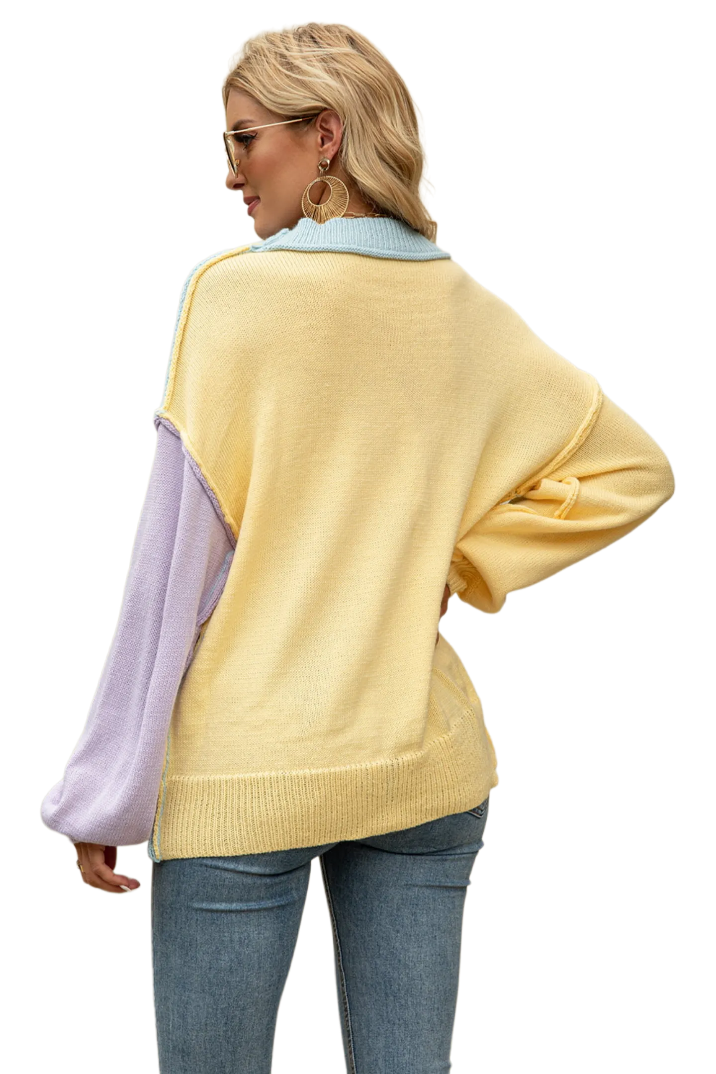 Color Block Round Neck Dropped Shoulder Sweater