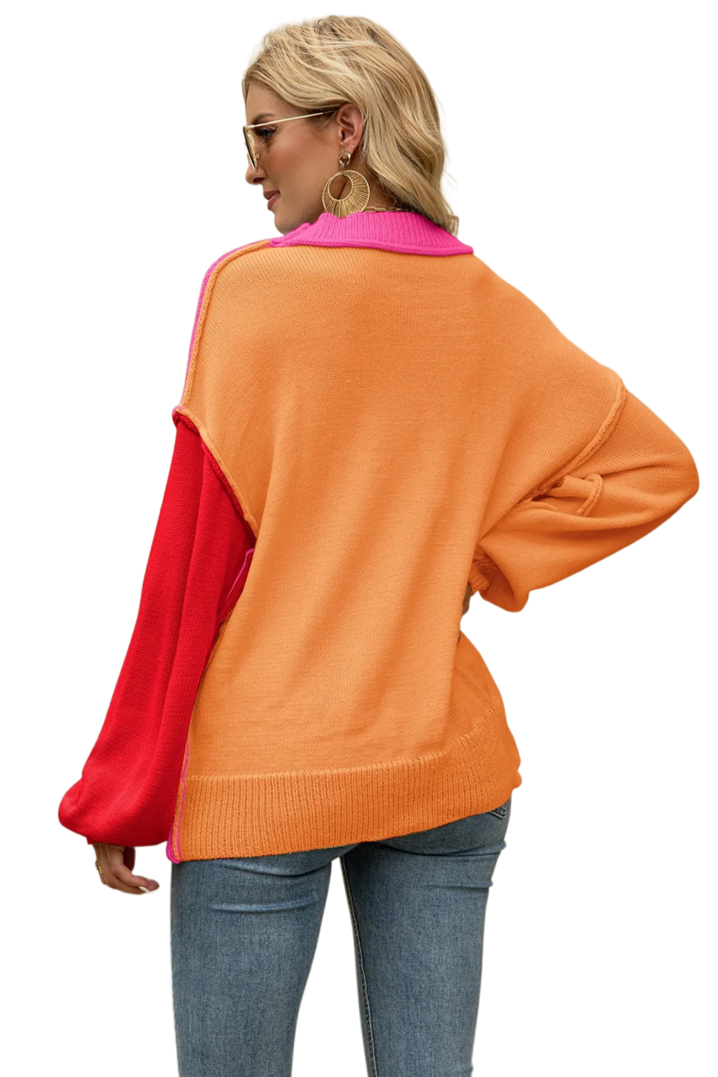 Color Block Round Neck Dropped Shoulder Sweater