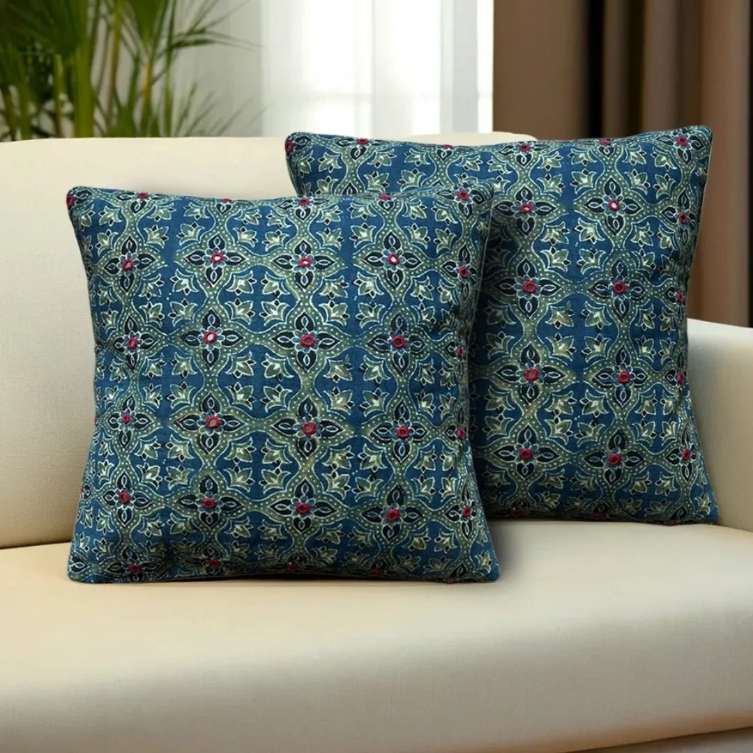 Cotton Cushion Covers Embroidered and Block Printed in Green and Indigo Set of 1/2/4 | 16 x 16 | Handmade in India