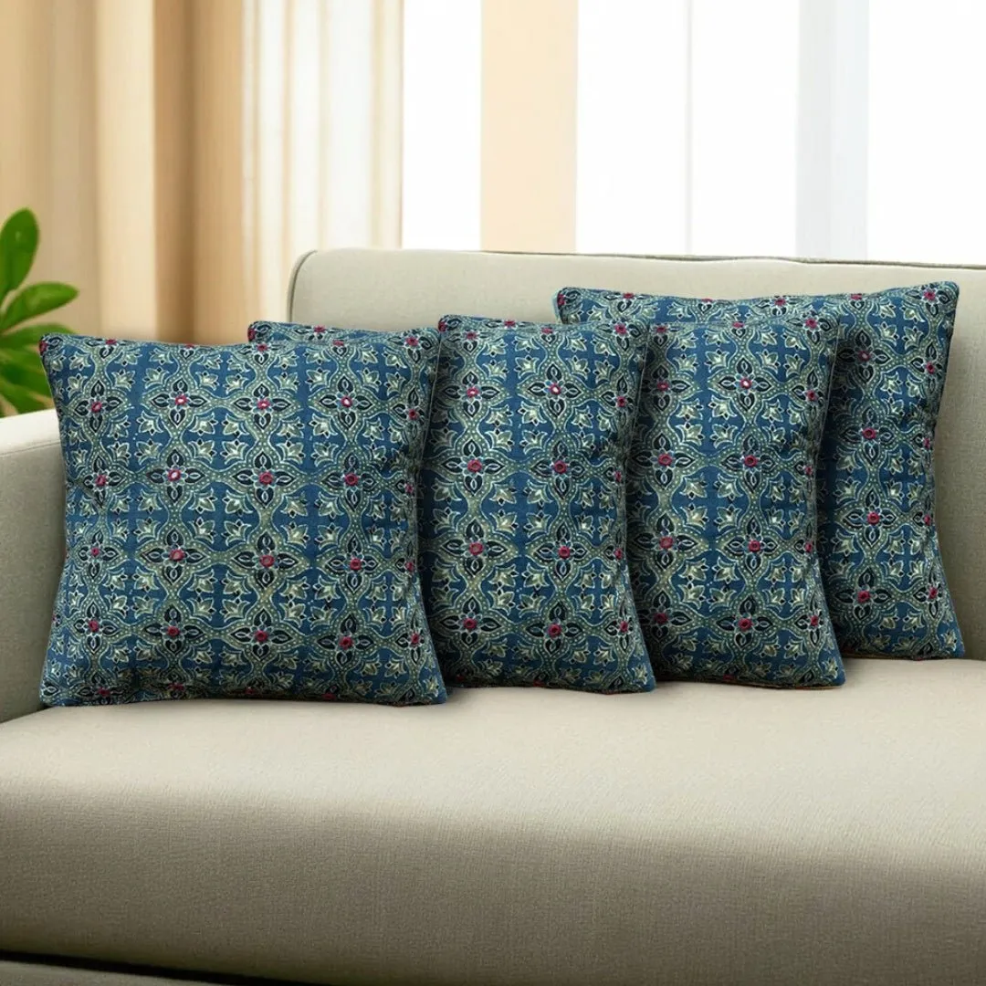 Cotton Cushion Covers Embroidered and Block Printed in Green and Indigo Set of 1/2/4 | 16 x 16 | Handmade in India