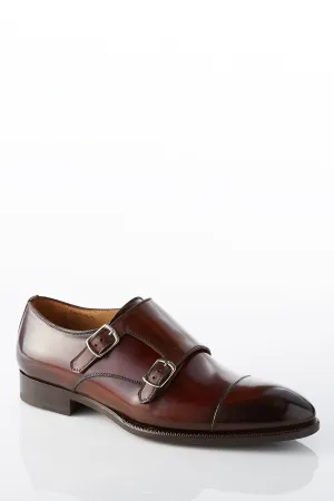 David August Leather Cap Toe Double Monk-strap Shoes in Whiskey Brown