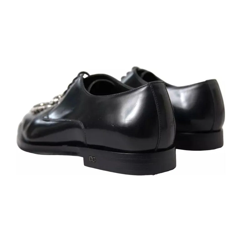 Dolce & Gabbana Black Leather Crystal Lace Up Formal Shoes