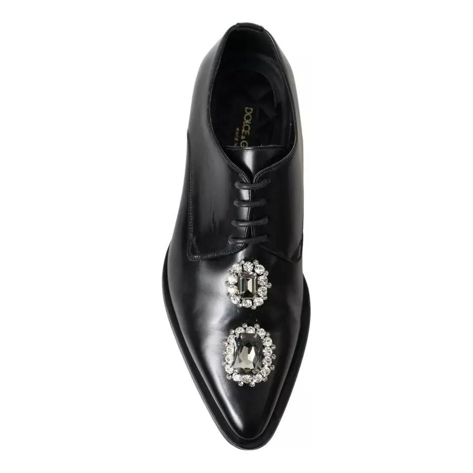 Dolce & Gabbana Black Leather Crystal Lace Up Formal Shoes