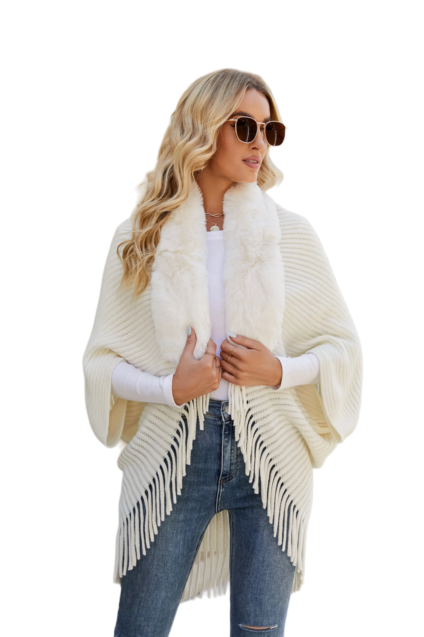 Fringe Detail Long Sleeve Ribbed Poncho