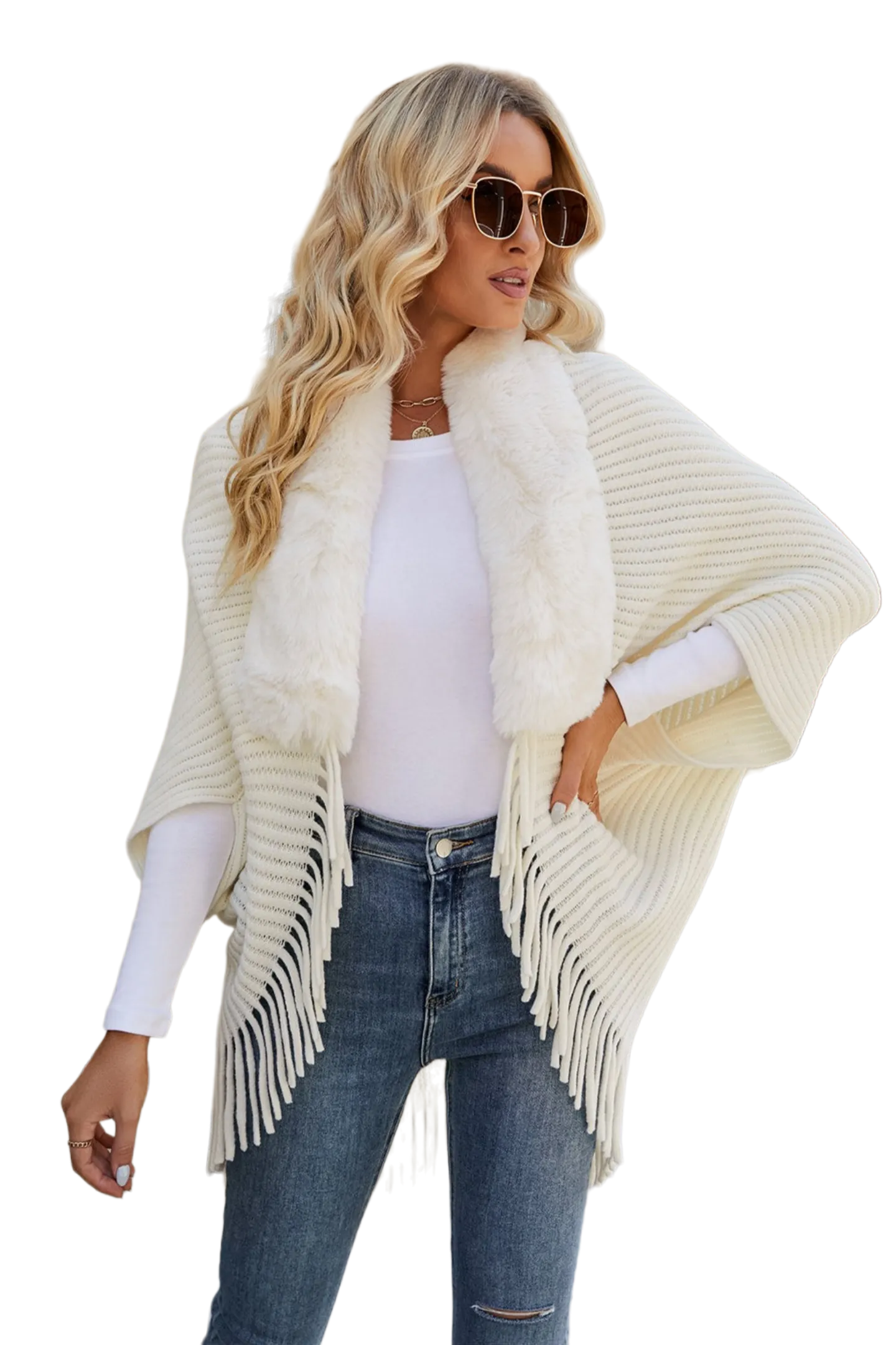 Fringe Detail Long Sleeve Ribbed Poncho