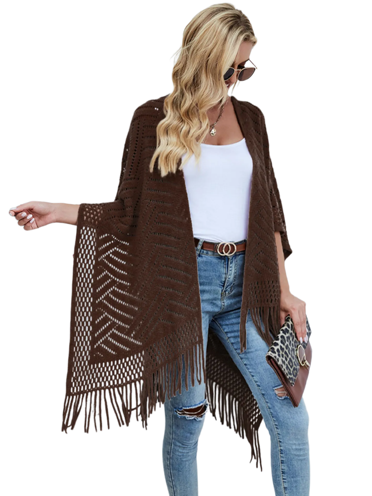 Fringe Hem Open Front Poncho