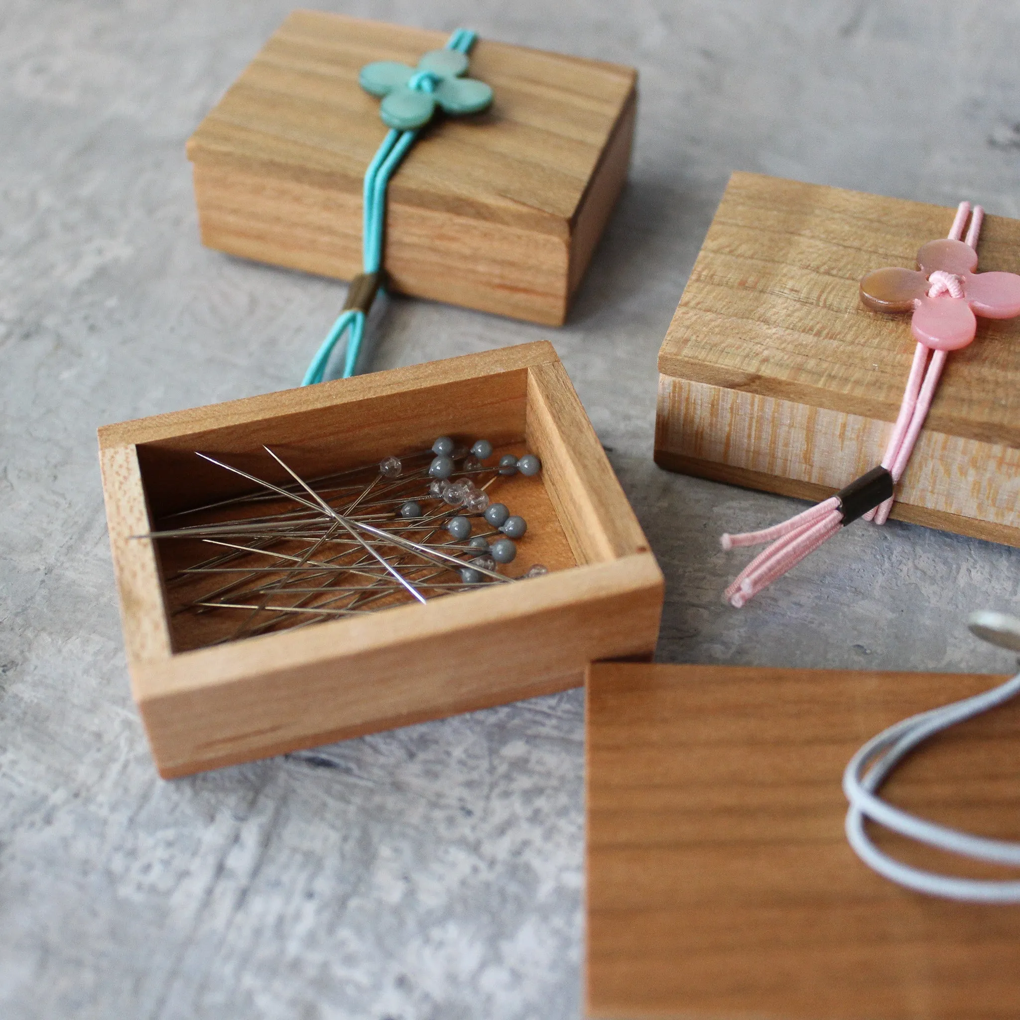 Glass Sewing Pins in Cherry-wood Box