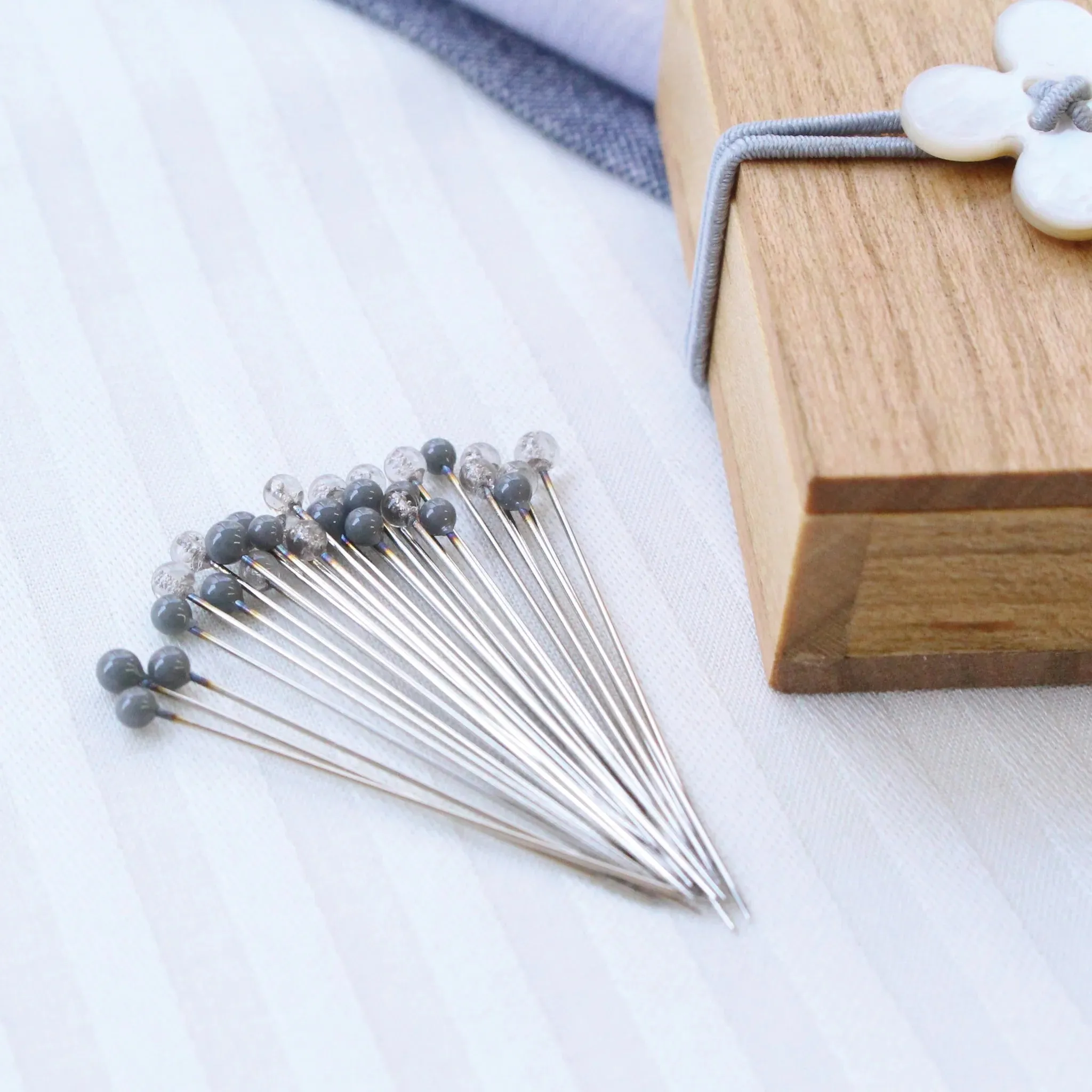 Glass Sewing Pins in Cherry-wood Box