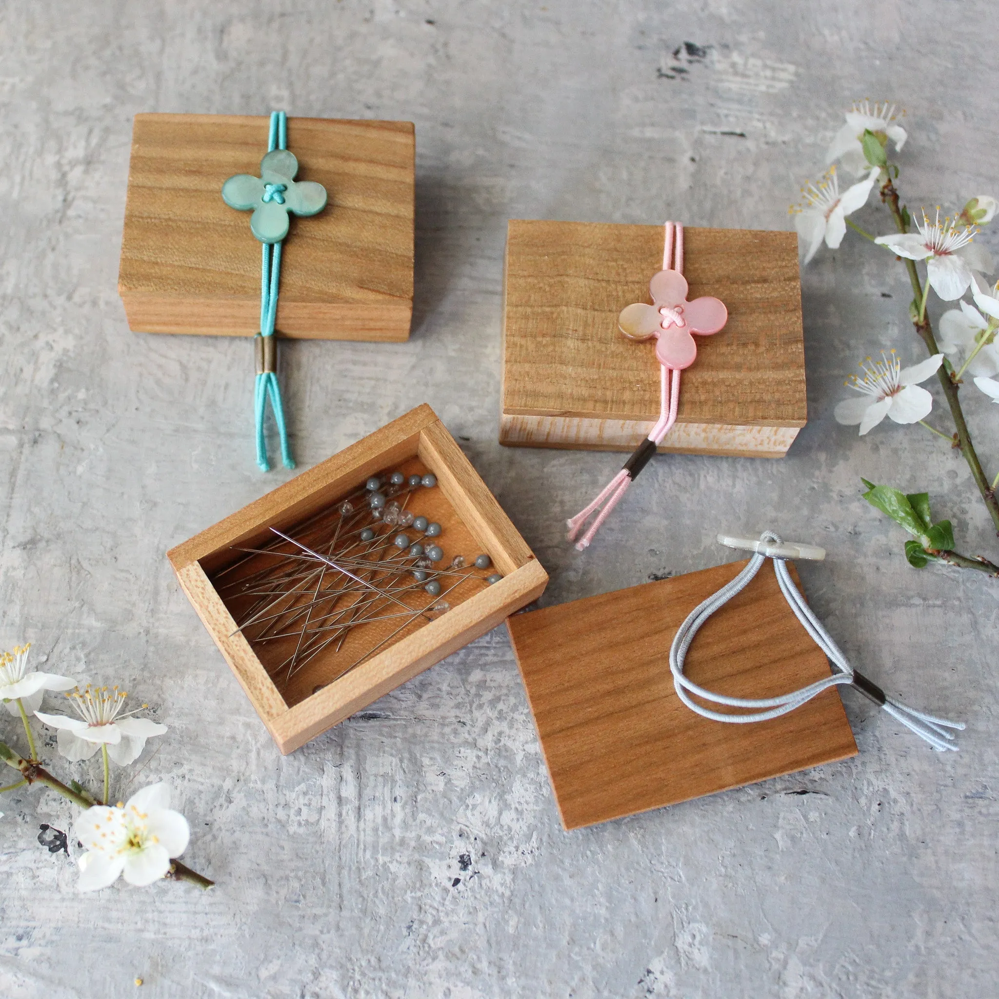 Glass Sewing Pins in Cherry-wood Box