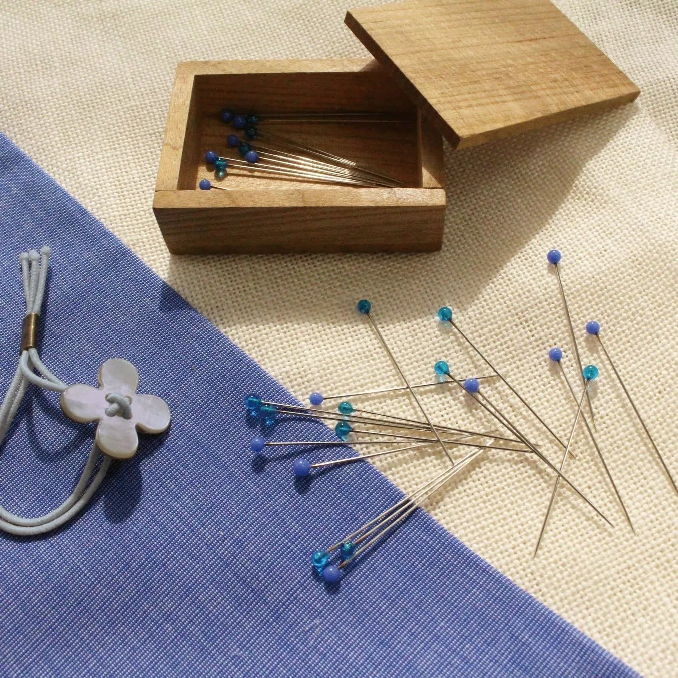 Glass Sewing Pins in Cherry-wood Box