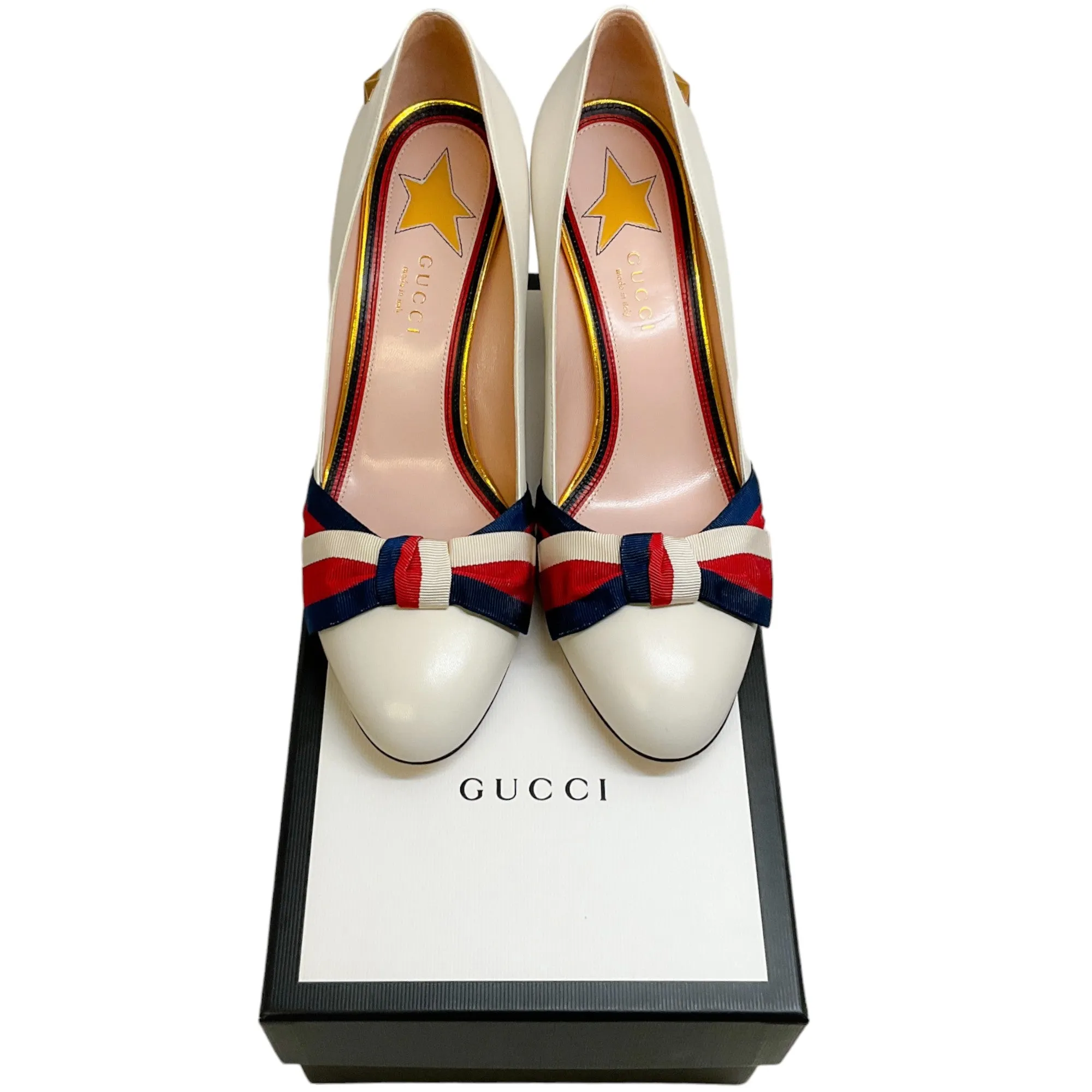 Gucci Ivory Leather Malaga Court Shoes with Grosgrain Ribbon