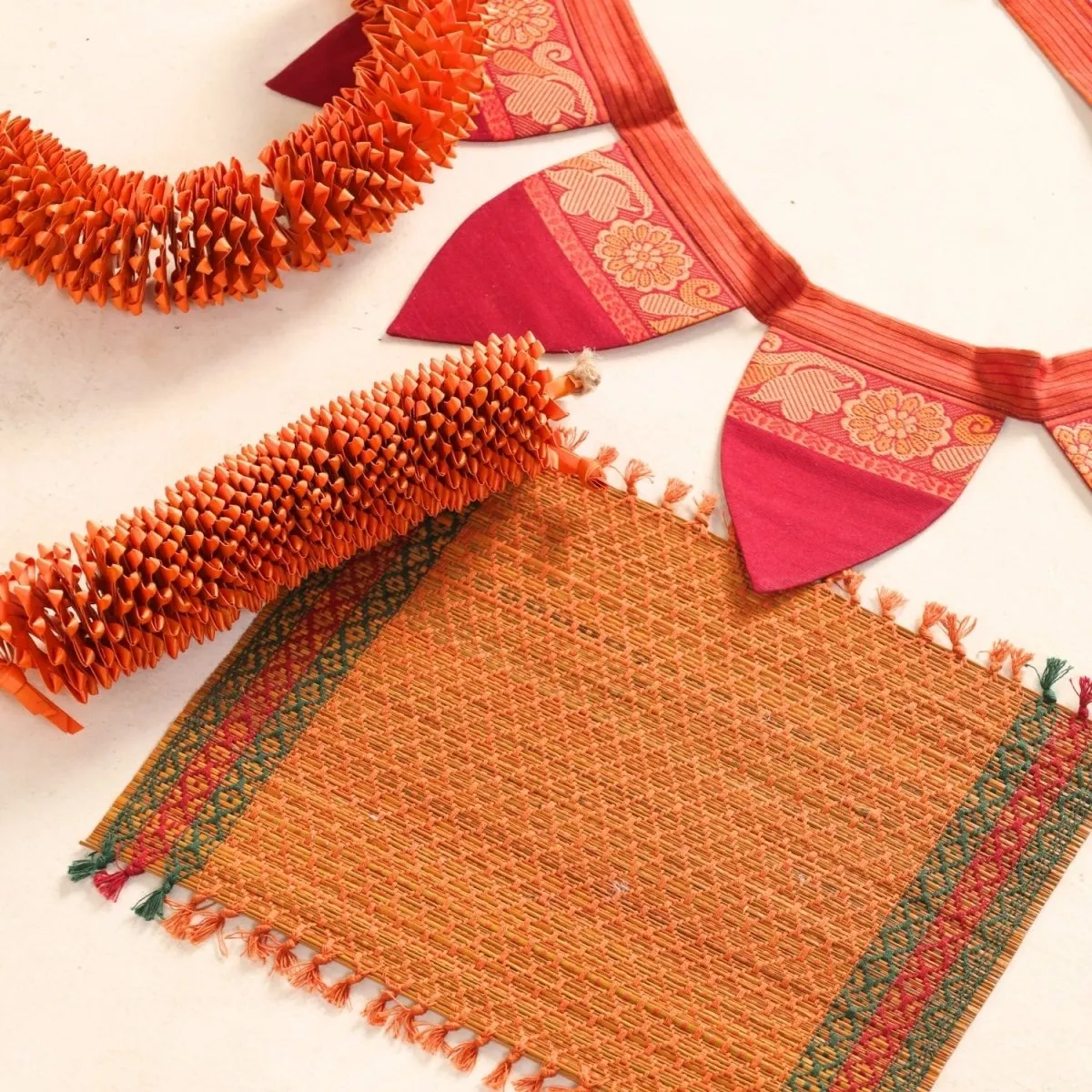 Handmade Cotton Fabric Toran, Festive Decor Hanging in Orange (2 pcs) with Rust Aasan Combo Set | Festive Decor Item | Handmade in India