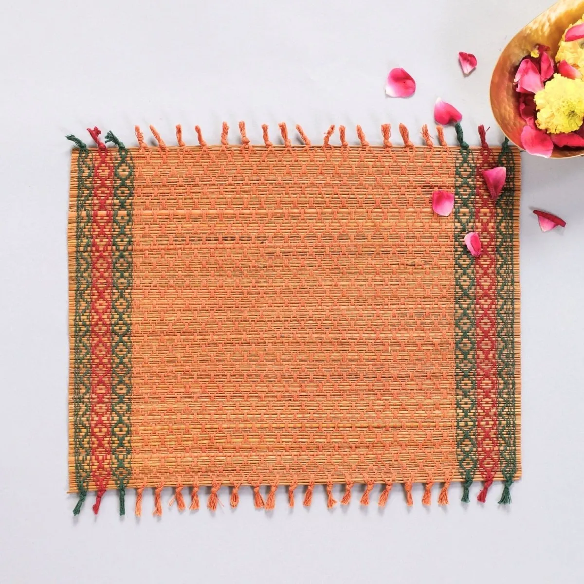 Handmade Cotton Fabric Toran, Festive Decor Hanging in Orange (2 pcs) with Rust Aasan Combo Set | Festive Decor Item | Handmade in India