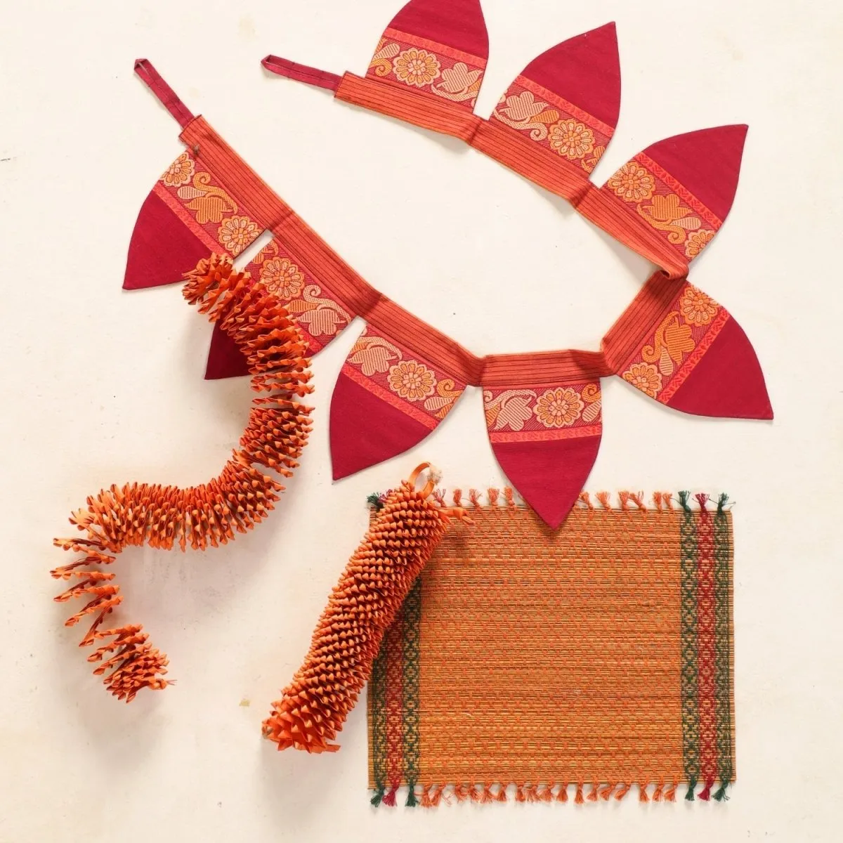 Handmade Cotton Fabric Toran, Festive Decor Hanging in Orange (2 pcs) with Rust Aasan Combo Set | Festive Decor Item | Handmade in India