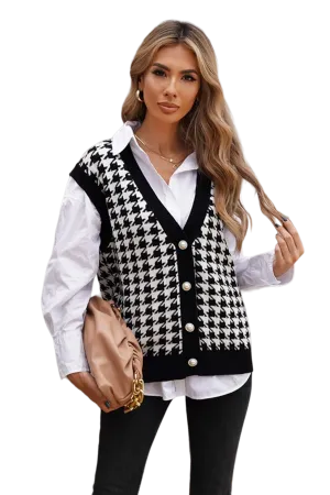 Houndstooth Button Front Sweater Vest