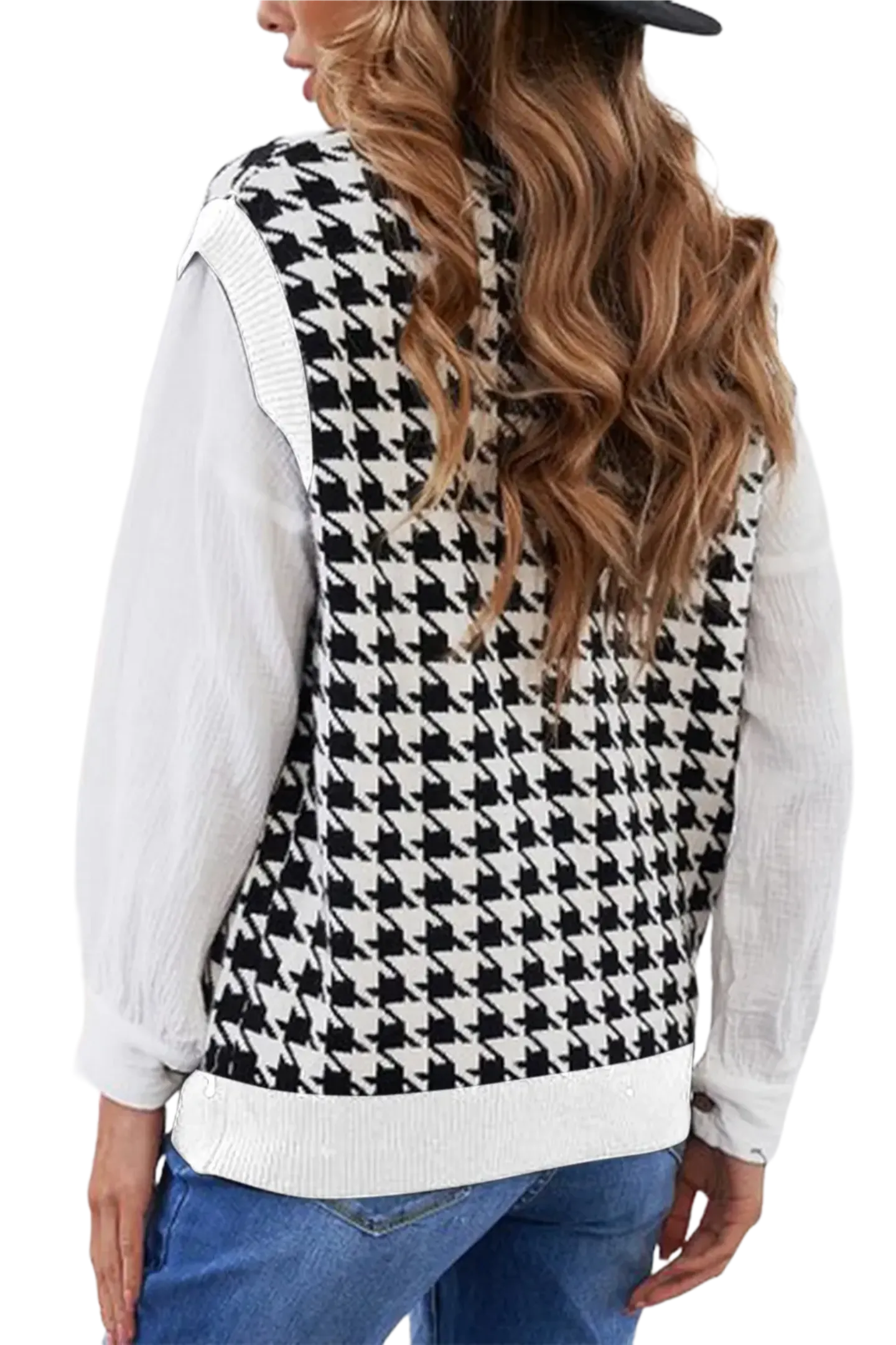 Houndstooth Button Front Sweater Vest