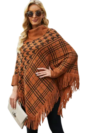 Houndstooth Turtleneck Fringe Hem Poncho