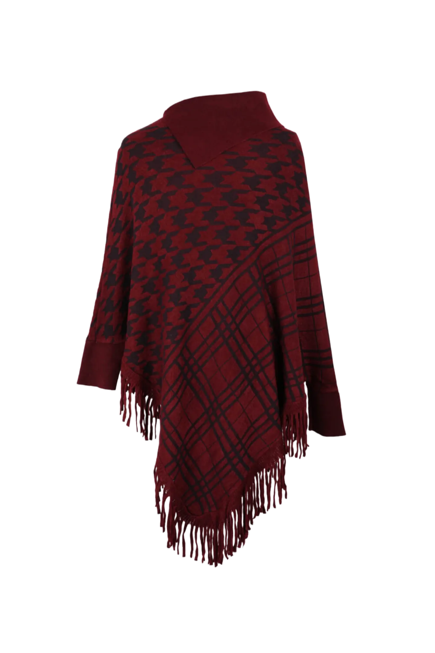 Houndstooth Turtleneck Fringe Hem Poncho