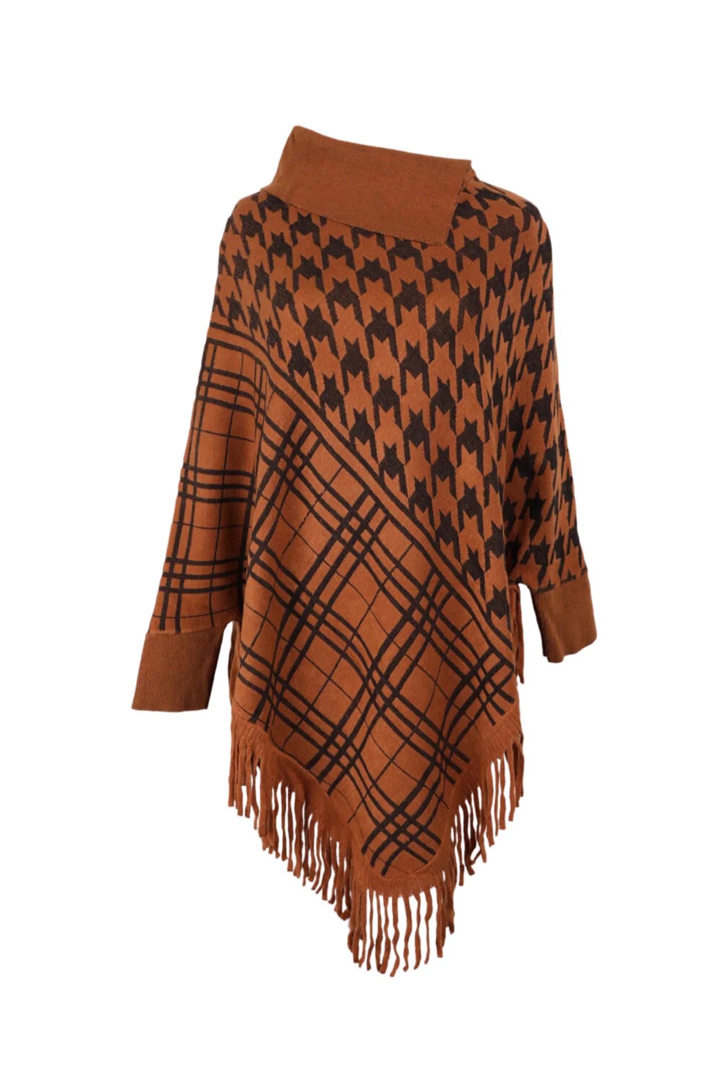 Houndstooth Turtleneck Fringe Hem Poncho