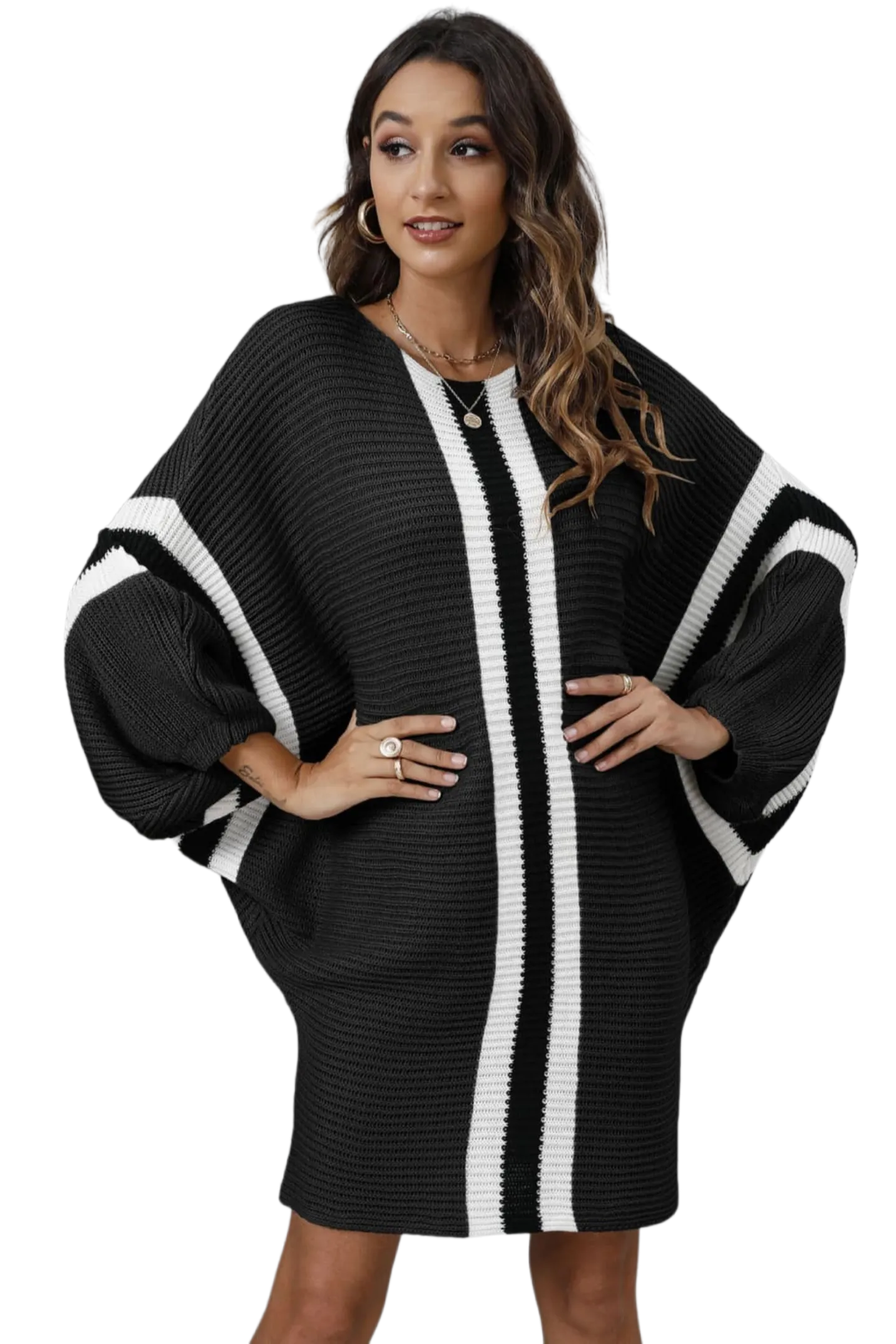 Ribbed Round Neck Long Sleeve Sweater Dress