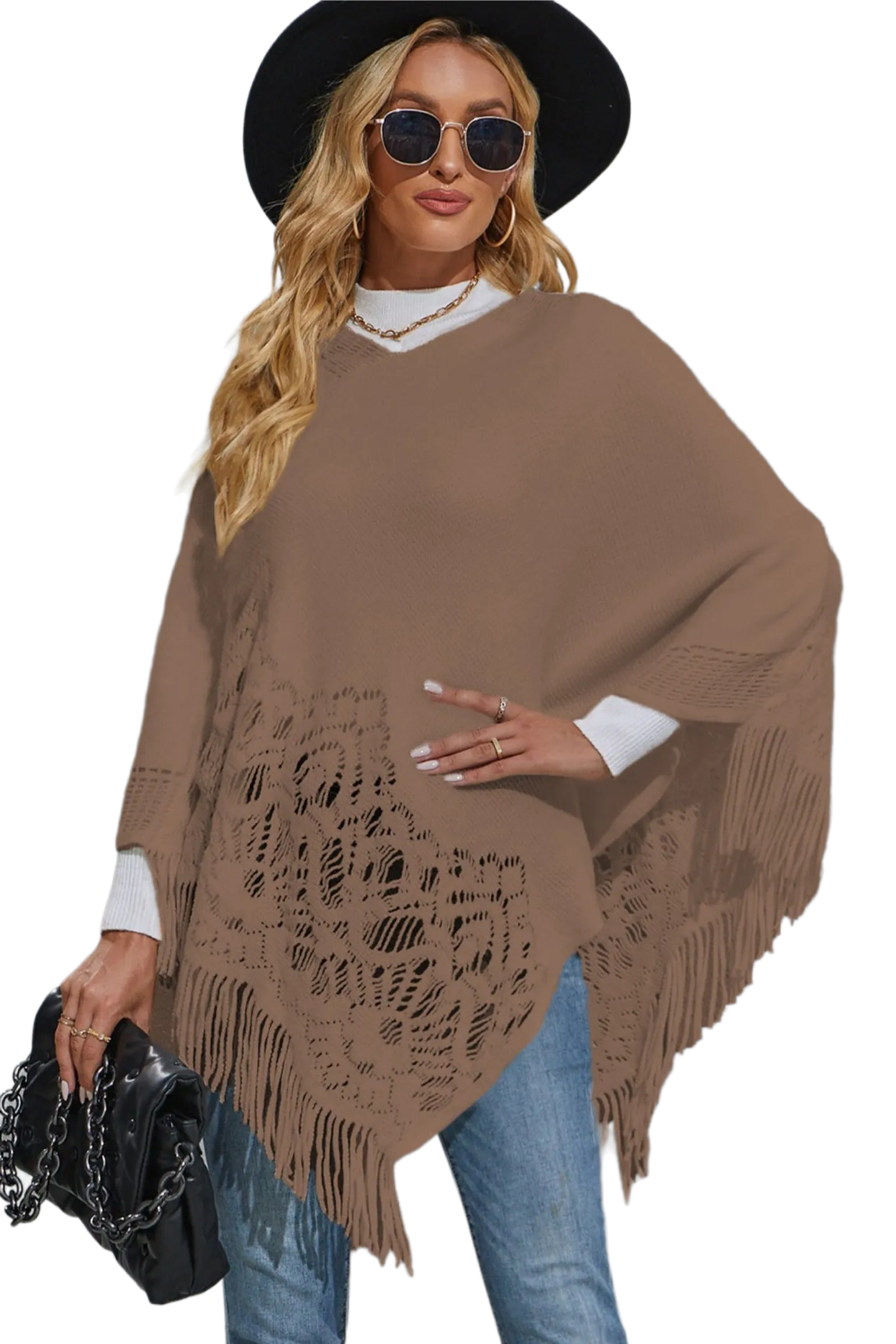 Round Neck Fringe Detail Poncho