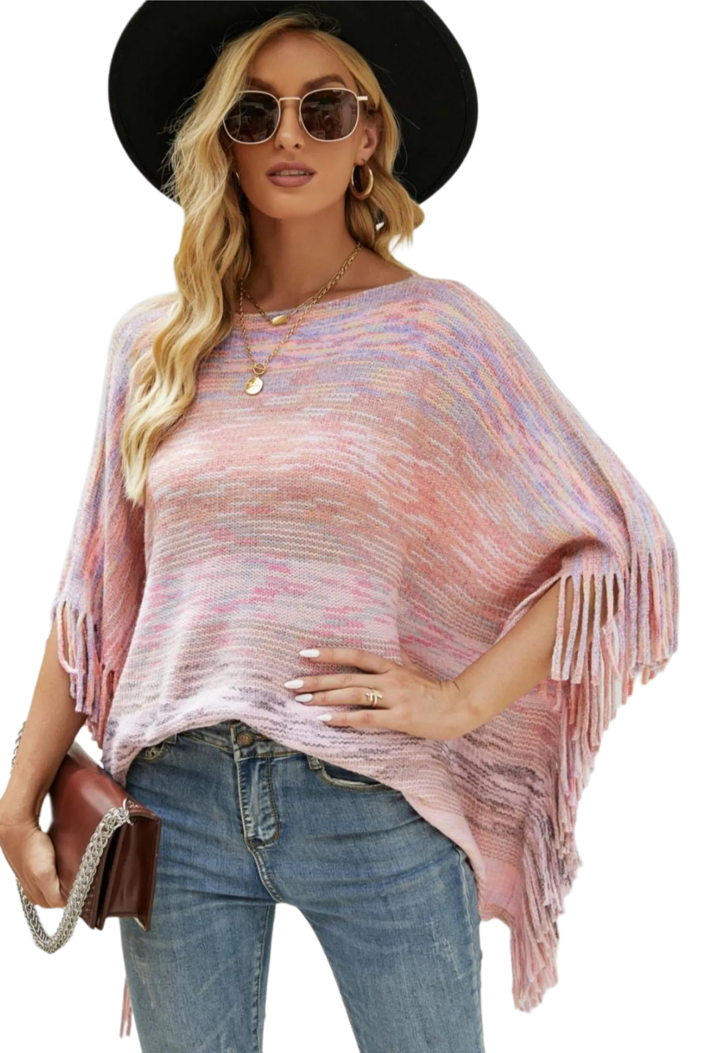 Round Neck Fringe Detail Poncho