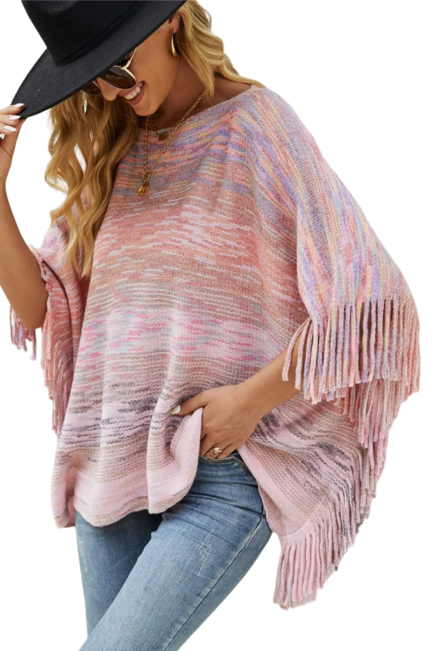 Round Neck Fringe Detail Poncho