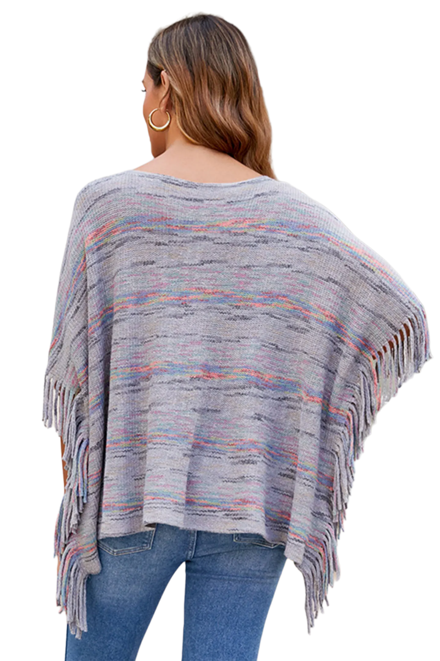 Round Neck Fringe Detail Sleeve Poncho