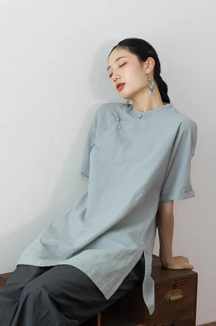 Simple Cheongsam Long Shirt in Bluish Grey