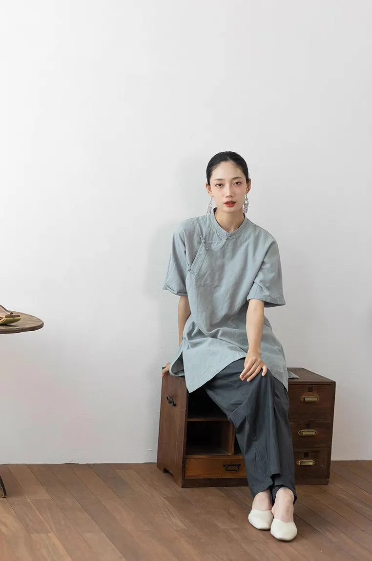 Simple Cheongsam Long Shirt in Bluish Grey