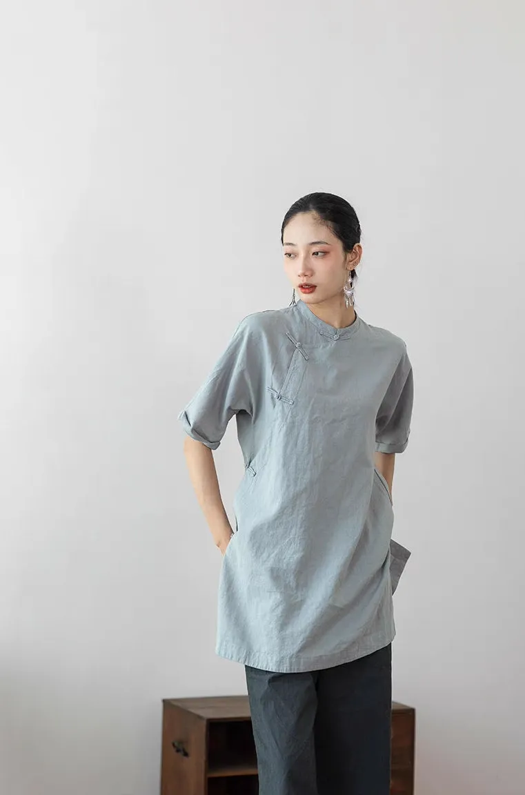 Simple Cheongsam Long Shirt in Bluish Grey