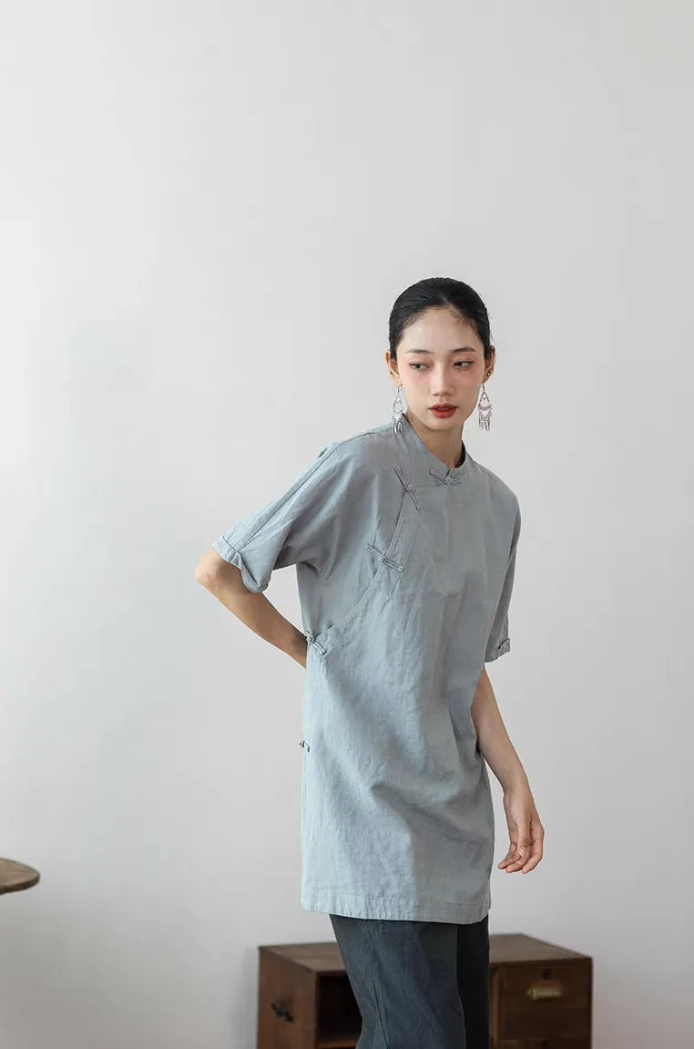 Simple Cheongsam Long Shirt in Bluish Grey